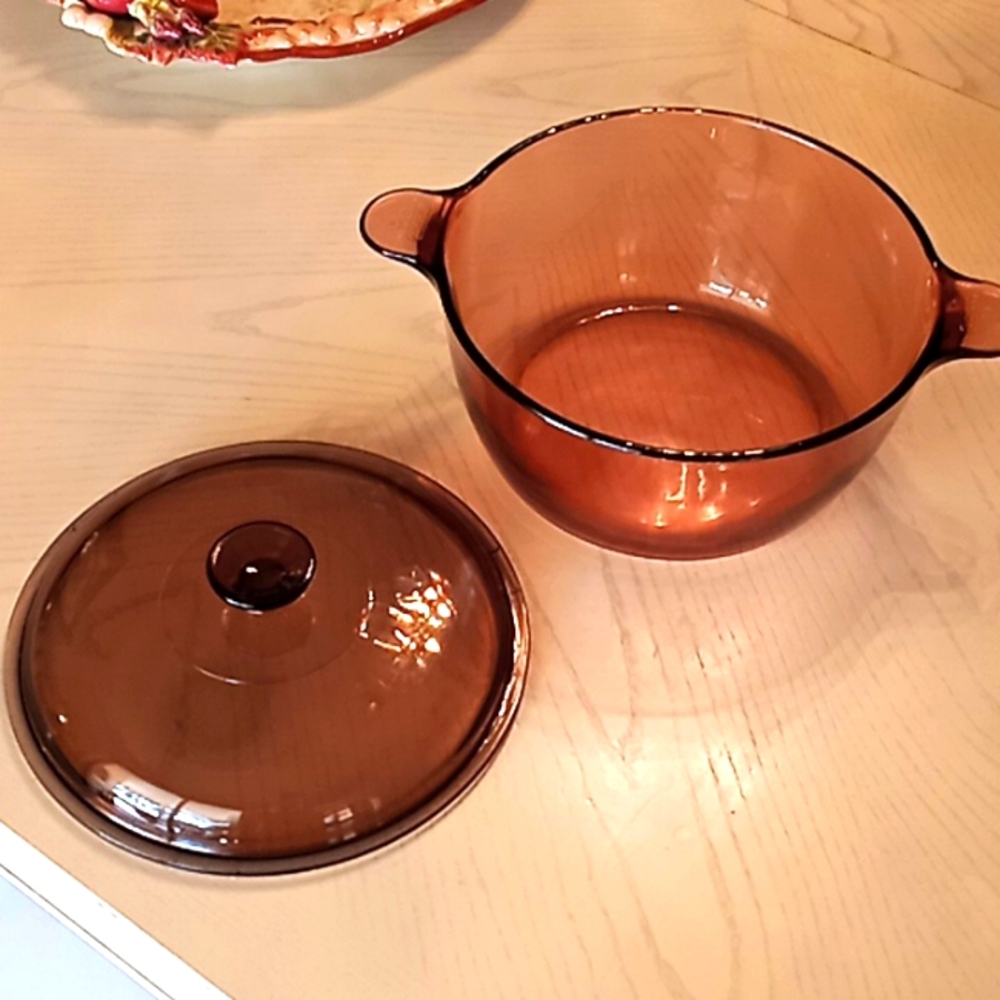 Vintage Corningware VISION/PYREX Amber Glass Round Pot With Lid. 4.5 Liter. USA. - Picture 5 of 14
